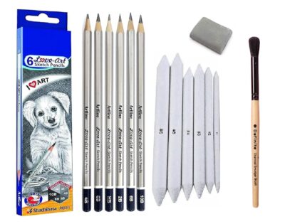 Craftacious Artline Sketching Pencils Kit with 6X Graphite Pencils 1x Kneadable Eraser 6X Paper Blending Stumps with Smudger Brush)