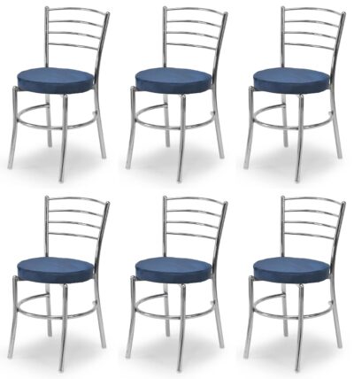 Visitor Home Restaurant Steel Dining Chair Multipurpose with a Leather Cushion Steel Chrome Chair with Ring (Blue, 6)