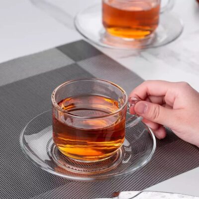 Clear Classic Glass Tea & Coffee Cup and Saucer Set, for Espresso Cappuccino hot Chocolate Green Tea and More, (Hazel Set, 4 Cup and 4 Saucer) 150 ml