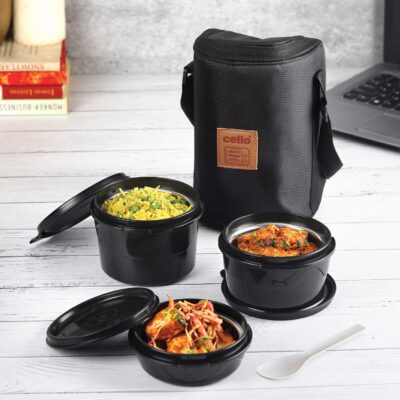Cello All In One Lunch Box with Fabric Bag, Black | 3 Microwave Safe Insulated Inner Steel Containers (550ml,375ml,225ml)| Food Grade, BPA Free, Air Tight Leak Proof Tiffin Box Set For Office, College