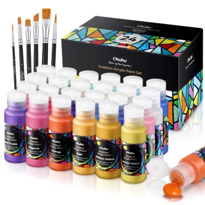 Ohuhu Acrylic Paint Set 24 Acrylic Colors Painting Kit Waterproof 20 Basic & 4 Metallic Painting Colours Acrylic Paints with 6 Brushes for Fabric Canvas Glass Woods Rocks Patio Statues Last 3-4 Years