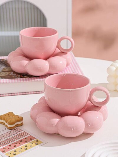 Ceramic Sunflower Bloom Cup and Saucer Set Microwave Safe Coffee Mug for Home and Kitchen Dining - 350ml Capacity (Pink)
