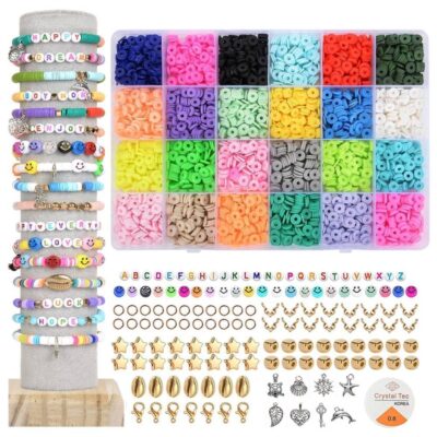 Tocxes Clay Beads Kit 24 Colors Clay Beads for Bracelet Making Set, Polymer Flat Letter Spacer Bead with Charms Elastic Strings DIY Craft, Gift for Girls Kids Women, Multi- Color