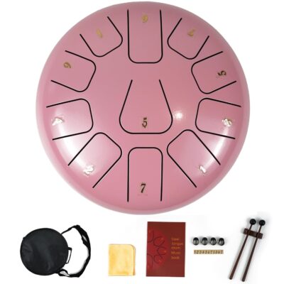 Essenza 11 Notes 8 Inch Soft Pink Alloy Steel Tongue Drum - Perfect Percussion Musical Instrument for Kids and Adults - Handpan Drum for Meditation, Yoga - Includes Mallets, Finger Picks & Travel Bag