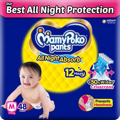All Night Absorb| Pant Style Baby Diapers Medium Size(M), 48 Count, Ideal for 7-12Kgs|+50% wider and repeated absorption for all night 12hr protection from leakage, prevents heaviness.
