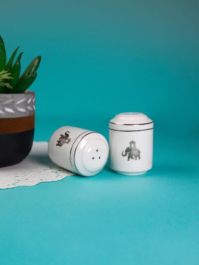 VOLA Gaj Series Ceramic (Porcelain) Premium Salt & Pepper with Platinum Rim and Elephant Motif Home & Office Use Kitchen & Dining Luxury Tableware Ideal for Gifting with Adjustable Coarseness