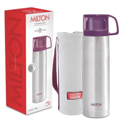 Milton Glassy 1000 Thermosteel Water Bottle, 1 Litre, Purple | 24 Hr Hot & Cold | Cup Lid | Vacuum Insulated | Leak Proof | Carry Bag Included | Stainless Steel | Ideal for Office, Gym & Travel