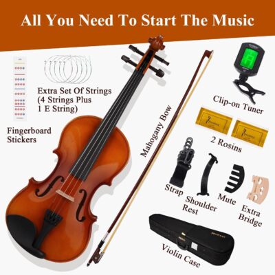 PHOENIX Violin 4/4 Full Size Kit, Violin Fiddle Set for Beginner Adults Student with Rosewood Bow, Extra Strings & Bridge, 2 Rosins, Tuner, Case, Mute, Fingerboard Stickers, Shoulder Rest (3/4)