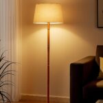 Homesake® Mid Century Modern Floor Lamp | Wooden Base with Fabric Lampshade | Tall Standing Lamp for Living Room, Bedroom, Office & Study (Off-White)