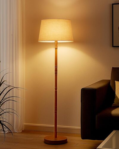 Homesake® Mid Century Modern Floor Lamp | Wooden Base with Fabric Lampshade | Tall Standing Lamp for Living Room, Bedroom, Office & Study (Off-White)