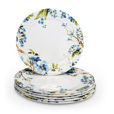 KONVIO Melamine Dinner Plates Set – 6 Pcs, 11-inch | Unbreakable, Food-Grade, Floral White
