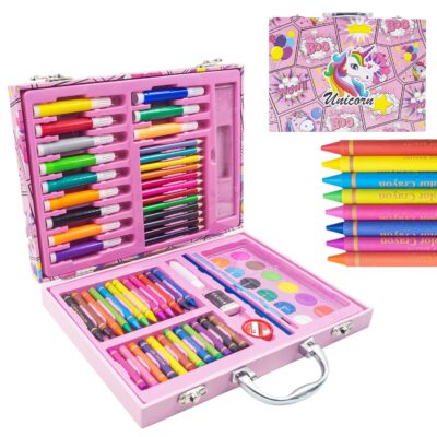 WISHKEY 67 Pieces Art Set for Kids with Unicorn Theme Case, Art and Craft Supplies Kit for Drawing and Painting with Sketch Pen, Paint Colors, Brush, Color Pencils, Crayons (Pack of 1, Pink)