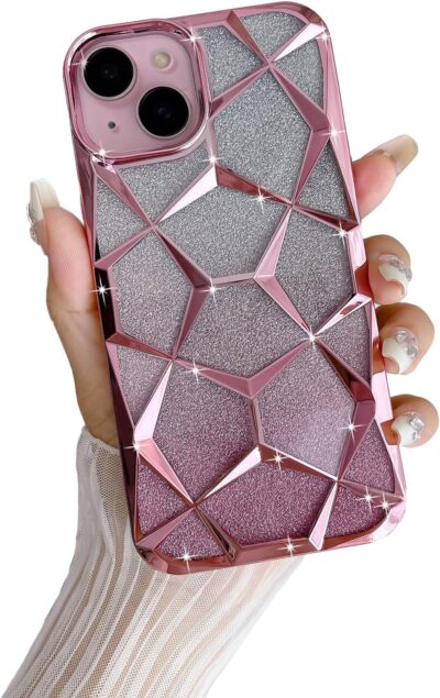 VONZEE Gradient Glitter 3D Cube Case for iPhone 15 (Pink)