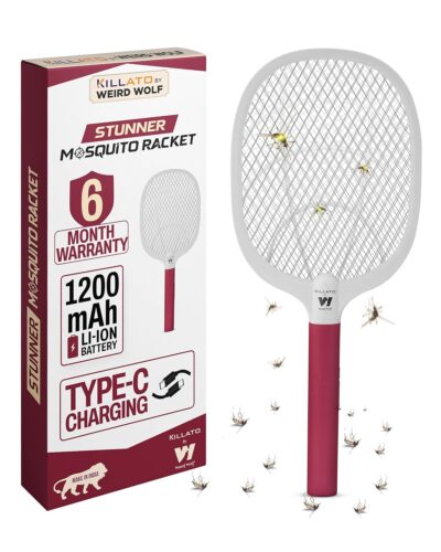 Weird Wolf Rechargeable Mosquito Killer Racket | USB-C Fast Charging | 1200mAh Battery | High-Voltage Mesh | Insect Zapper Bat (Maroon)