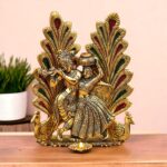 Ascension Metal Radha Krishna Idol – Golden Peacock Design Showpiece (7x5 Inch)