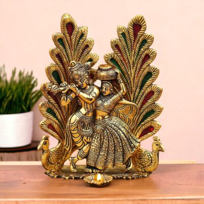 Ascension Metal Radha Krishna Idol – Golden Peacock Design Showpiece (7x5 Inch)