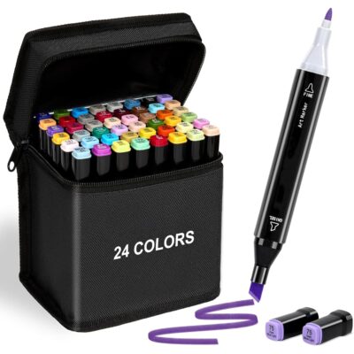 KLIFFOO Dual Tip Colorful Art Markers Sketch Pens 24 Colors with Carrying Case For Painting Sketching Calligraphy Drawing -Twin Head Permanent Coloring Marker Pens for Kids Adult, Multicolor (24)