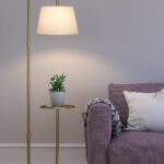 Divine Trends Modern Shelf LED Floor Lamp | Brass Antique Finish Gold | 5ft Standing Lamp with Shelf & Off-White Lampshade | LED Bulb Included