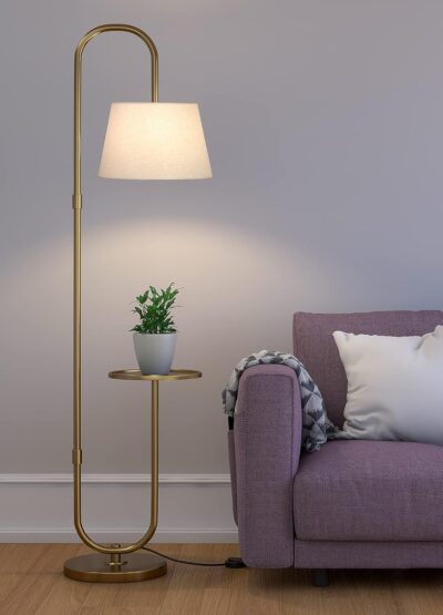Divine Trends Modern Shelf LED Floor Lamp | Brass Antique Finish Gold | 5ft Standing Lamp with Shelf & Off-White Lampshade | LED Bulb Included