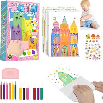 WISHKEY Squeegee Art Kids Paint Kit – 35 PCS Rainbow Scratch & Dot Painting Set with 20 Sheets Paper, 7 Paints, 6 Watercolor Pens, Stickers & Squeegee – Creative Craft Kit for Boys & Girls Ages 4-12