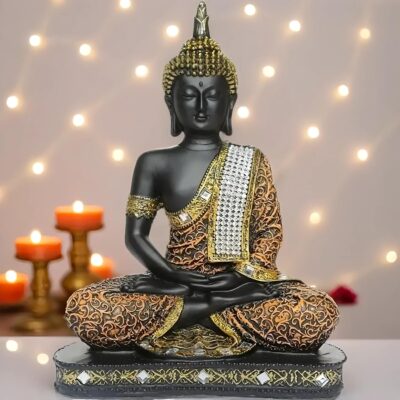 Global Grabbers 25 cm Meditating Buddha Statue – Orange & Black Showpiece
