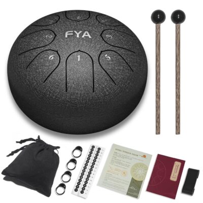 FYA 6 Inch Steel Tongue Drum 8 Notes C Major for Kids and Adults with Rubber Mallets, Finger Picks and Padded Travel Bag, Unique Gifts for Him or Her (Black)