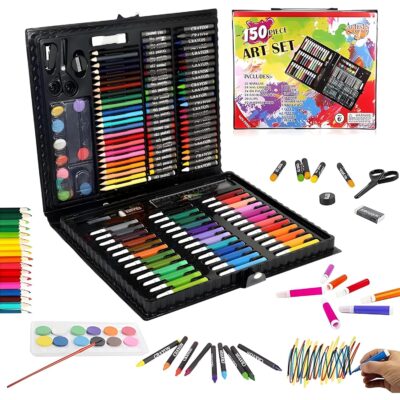 WISHKEY 150 Pieces Art Set for Kids with Case, Art and Craft Supplies Kit for Drawing and Painting, Color Set with Markers, Water Colors, Brush, Color Pencils, Crayons (Pack of 1, Black)