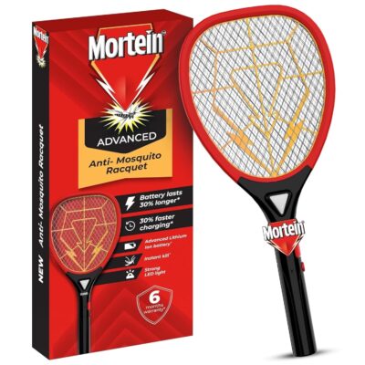 Mortein Advanced Rechargeable Mosquito Killer Racquet | USB-C Fast Charging | LED Light | Instant Kill High-Voltage Grid | Fly & Insect Swatter