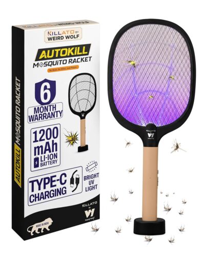 WEIRD WOLF 2-in-1 UV Mosquito Killer Racket | Auto & Manual Mode | 1200mAh Battery | Type-C Charging | Base Stand | Fly Swatter Bat (Peach/Black)