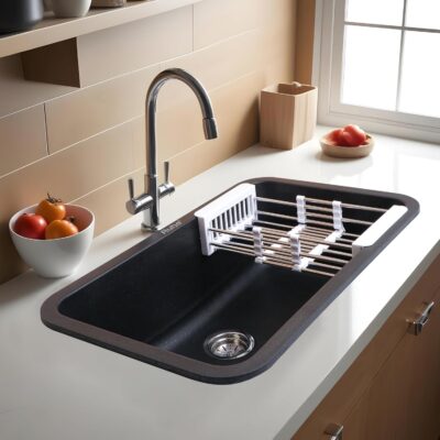 Ruhe® Matte Black Quartz Single Bowl Kitchen Sink with Round Corners - 31x19x9 inches | Noise-Reducing & Durable Kitchen Sink | Granite Sink Include Coupling, Waste Pipe & Vegetable Washing Basket