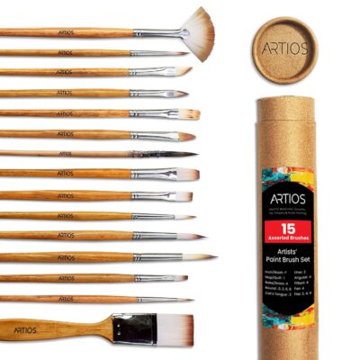 ARTIOS Paint Brush Set of 15 - handmade Professional Artist Painting Brush Set for Acrylic, Watercolor, & Gouache Painting with Brush Holder - Cruelty-Free (15 Assorted Brushes) (Wood, Synthetic)