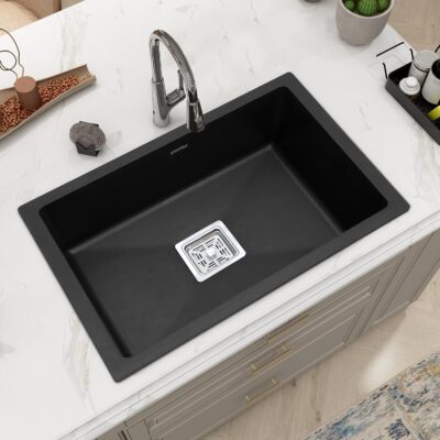 Plantex Quartz Sink for Kitchen/UV Protected Black Kitchen Sink/Granite Single Bowl Sinks/Undermount/Top mount (Black-24x18 Inches)