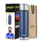 PEXPO Flamingo 1000 ml ISI Certified Stainless Steel Hot & Cold Flask, Denim Blue (RCB Edition) | Tri-Ply Vacuum Technology | Leak Proof | 2-Year Warranty | With Jute Carry Bag | Ideal for Office, School, Travel & Trekking