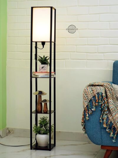Crosscut Furniture Tower Floor Lamp with 3-Tier Shelves | Modern Wooden Storage & Display Lamp with Washable Fabric Shade (Cotton White, LED Compatible)