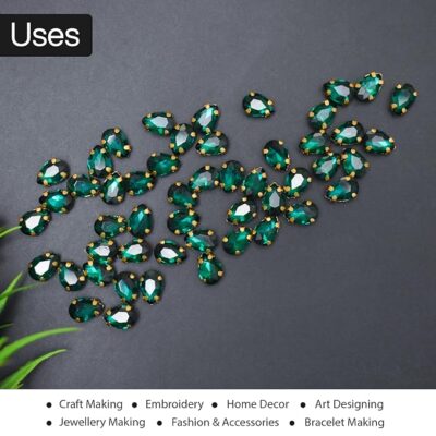 Embroidery Material Emerald Green Shiny Sew on Rhinestones/Gemstones Sewing Crystals Stone Beads for Jewelry Making, Embroidery, Craft, Sewing Purpose (Size: 7X10MM, Pack of 50 Pieces, Teardrop Shape)