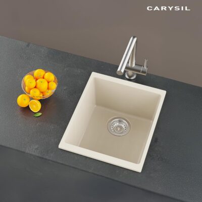 Carysil Quartz Dolce UK Series Single Bowl Kitchen Sink, Real Stone Finish, 304 Stainless Steel Coupling, Kitchen Sink with Sloping Drain, Noise Reduction Design, 15x18x8 inches, Cream