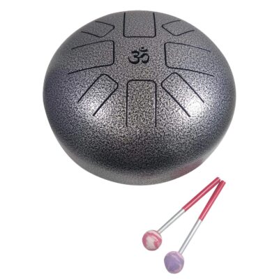 India Meets India 10 Inch OM Tongue Drum Steel Percussion Hand Drum Musical Instrument with Bag and Mallets Stick (Silver)