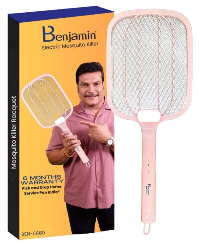 Benjamin Rechargeable Mosquito Killer Racket | 1200mAh Battery | 3-LED Torch | 7-Safety Levels | 3500–4500V Grid (Pink)