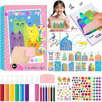 SUPER TOY Rainbow Scratch Art Squeeze Dot Painting Kit for Kids, Rainbow Scratch Magic Paper DIY Postcard Activity Set, Magic Dot Scratch Painting Gifts for Girls and Boys