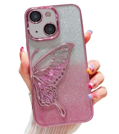 Mobistyle Glitter Butterfly Electroplated Case for iPhone 15 Plus (Pink)