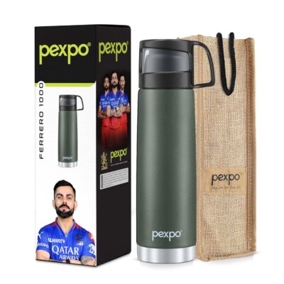 PEXPO Fererro Pro 1000 ml ISI Certified Stainless Steel Insulated Flask, Military Green (RCB Edition) | Tri-Ply Vacuum Technology | Hot & Cold | Leak Proof Cup Cap | Double Wall SS304 | With Jute Carry Bag