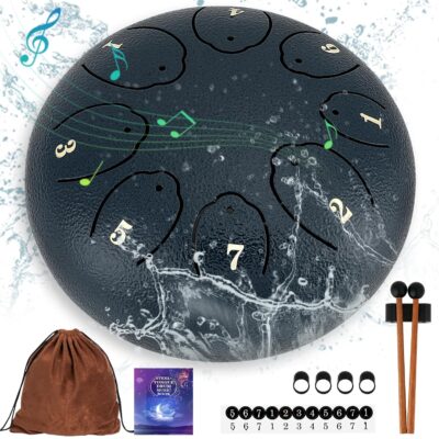 OUTUO Steel Tongue Drum: 6 Inch 8 Notes Rain Instrument For Outdoor Use, Handpan For Kids, Sound Healing Meditation (Navy Blue)