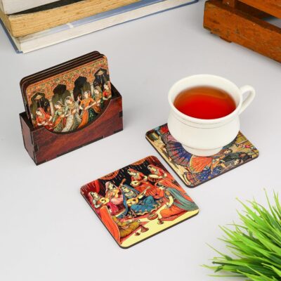 Handmade Wooden Coasters Set with Holder – Ethnic Rajasthani Art Print | Heat Resistant Tea Coffee Cup Coasters | Decorative Tableware Gift (Set of 6)