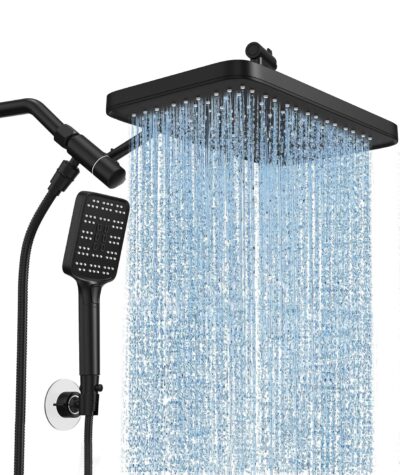 High Pressure Rain Shower Head with Handheld Spray Combo Set, Adjustable 12" Rainfall Dual Shower Head, Double&Tandem Shower Head, Waterfall Showerhead Bathroom -Matte Black