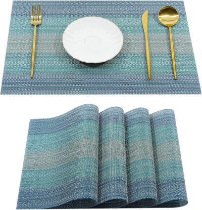 Leeonz PVC Dining Table Placemats | Easy-to-Clean, Heat & Stain Resistant Non-Slip Table Mats | Set of 4, 45×30 cm | Ombre Blue