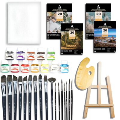 Art Right Professional Painting Kit 110pcs, Combo (2 Feet Easel + Mix Paintbrush Set of 15 + Wooden Palette + 12x16 Canvas + 12x25 Paint Set + 80 A3 & A4 Mixed Media Papers & Watercolor Papers)