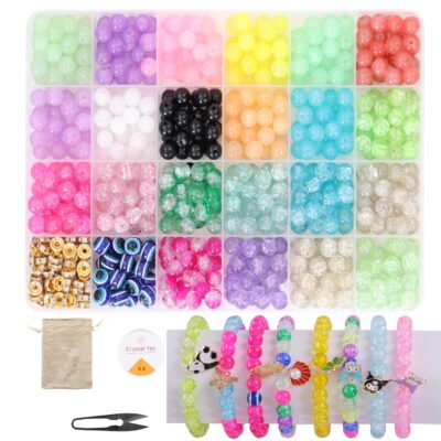 ambitieux Diy Bracelet Making Kit - 350+ Pcs 24 Glass Colorful Beads, 10M Elastic Thread, Jute Bag, And Cutter - Gift For Girls Birthdays (Glass Beads),Multicolor