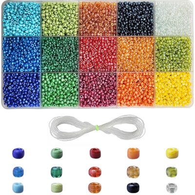 Relic Mani 15 Multi-Color Opaque Luster Glass Seed Beads Kit with Organizer Box & Nylon Thread | 3mm Small Beads for Jewellery Making, Beading, Embroidery & Crafts