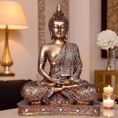 Global Grabbers 25 cm Meditating Buddha Statue – Golden Polyresin Showpiece
