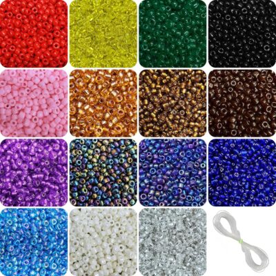 INDIKONB 7500 Multicolor Seed Beads Set - 8/0 Size (Bead Size 3mm), Bright Assortment, 15 Colors, Small Glass Beads